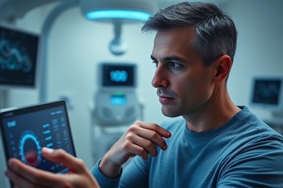 innovative neuromodulation therapy, contemplative expression, adjusting settings on a digital interface, photorealistic, clinical setting with modern medical equipment, highly detailed, patient interacting with the device, smooth gradient, cool tones, overhead lighting, shot with a wide-angle lens.