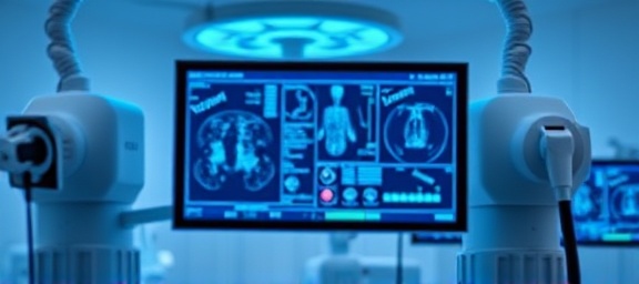 innovative smartpain gadget, precise, displaying diagnostic results, photorealistic, within a clinical laboratory, highly detailed, interactive screen, ultra-HD, cool blue and white, overhead surgical lighting, shot with an 85mm lens.