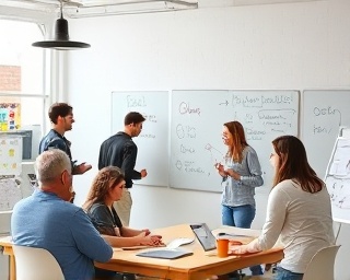 innovative programs, enthusiastic, collaborating in a workshop, photorealistic, vibrant co-working space filled with creatives, highly detailed, brainstorming on whiteboards, full-HD, pastel colors, diffused sunlight, shot with an Olympus 17mm f/1.8