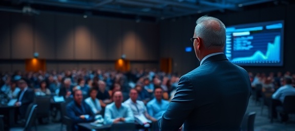 treatment innovation, determined, delivering a presentation, photorealistic, conference hall filled with professionals, highly detailed, dynamic graphs and data visuals, high resolution, cool tones, spotlight effect, shot with a Sony 85mm f/1.4 GM lens