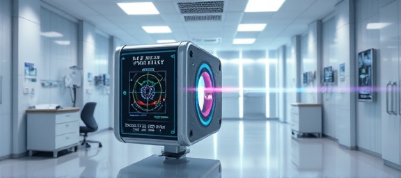 compact electromagnetic therapy field generator, innovative, seamlessly integrated, photorealistic, in a state-of-the-art medical facility, highly detailed, subtle electromagnetic waves visible, intricate design, spectrum of colors, ambient soft lighting, shot with a 24mm wide-angle lens.