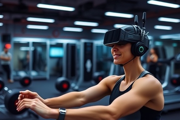 Tesla-fysiotherapie van de volgende generatie, hoopvolle oproepen, deelnemen aan mobiliteitsoefeningen, fotorealistische, innovatiegedreven sportschool met AI-technologie, zeer nauwkeurig, slanke gadgets die helpen bij de vorm, zoomlens, levendige tinten, TL-verlichting