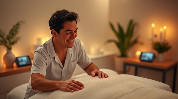 revolutionaire Tesla-massage, gelukzalige gesproken, stressverlichtend, fotorealistisch, rustige kamer verlicht met rustgevende elementen, zeer betekenis, masseur die Tesla-apparaten bedient, 50 mm-lens, pastelkleuren, kaarslichtsfeer