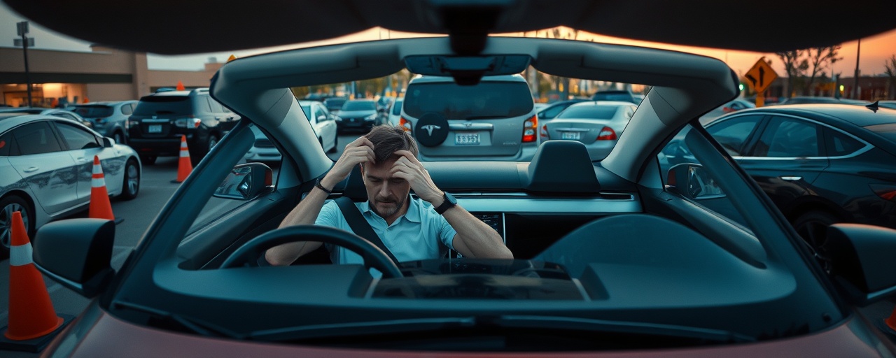 sore Tesla owner, discomfort, rubbing their temples while seated in the car, photorealistic, surrounded by a chaotic parking lot with other parked vehicles and shopping carts, highly detailed, traffic cones and signs sporadically placed, high dynamic range, cool tones, soft twilight, shot with a wide-angle lens.