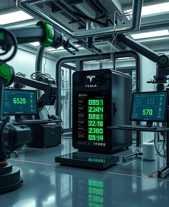 innovative Tesla technology, mesmerized, developing next-gen batteries, photorealistic, enclosed research lab with robotic arms and computers, highly detailed, digital interfaces showing energy statistics, 5K resolution, sleek black and green, bright lab lighting, shot with a macro lens