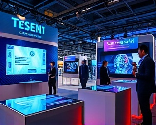 treatment innovation, confident, showcasing prototypes, photorealistic, tech expo booth with interactive displays, highly detailed, intrigued audience engaging, crisp resolution, bold colors, dynamic LED displays, shot with a Sigma 24-70mm f/2.8 Art