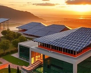 pioneering Tesla architecture, awe-inspiring, integrating solar panels, photorealistic, sprawling eco-friendly living spaces surrounded by greenery, highly detailed, dynamic sustainable energy solutions, 4K resolution, earthy tones, golden hour lighting, shot with a tilt-shift lens
