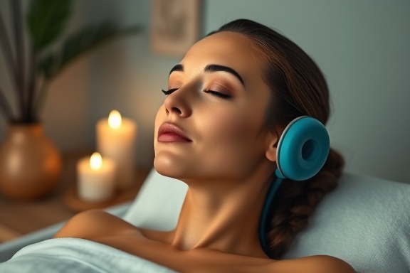 ergonomic portable massage tool, serene expression, soothing tension, photorealistic, in a tranquil spa setting with calming decor, highly detailed, showcasing gentle percussion movements, lightweight and rechargeable, ocean blue, soft candlelight glow, shot with a wide-angle lens.