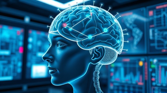 sophisticated neuromodulation brain, contemplative expression, configuring signal patterns, photorealistic, futuristic lab with glowing screens, highly detailed, interactive holograms displaying brain activity, ultra-crisp focus, silver and neon hues, dramatic spotlighting, shot with a tilt-shift lens.