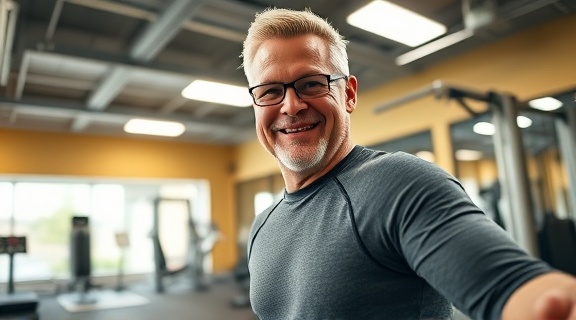 versatile portable therapy apparatus, confident expression, enhancing mobility, photorealistic, in a lively gym environment with exercise equipment, highly detailed, demonstrating variable intensity levels, compact and impact-resistant design, graphite, bright overhead gym lighting, shot with a fisheye lens.