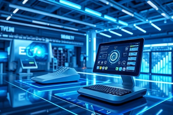 high-tech smartpain devices, intuitive, showcasing multi-functionality, photorealistic, within a futuristic tech showroom, highly detailed, dynamic holograms, 12K resolution, gradient blue and silver, bright spotlights, shot with a 28mm lens.