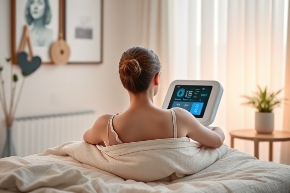 ergonomic electromagnetic therapy device, user-friendly, providing comfort, photorealistic, modern home setting with minimalistic decor, highly detailed, displaying user interface and therapeutic stats, realistic, pastel shades, warm soft lighting, shot with a 50mm prime lens.