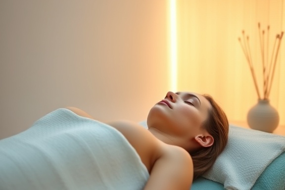 advanced smartpain therapy, relieving, in use during a therapy session, photorealistic, in a serene spa-like environment, highly detailed, soothing interface, cinematic clarity, pastel shades, soft diffused light, shot with a 35mm lens.