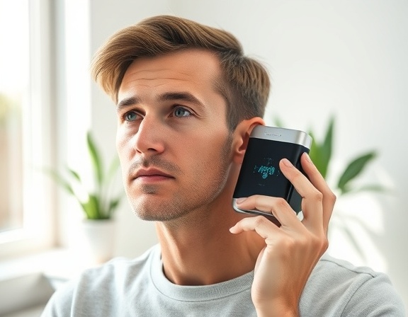 innovative portable therapy gadget, focused expression, applying targeted therapy techniques, photorealistic, in a minimalist home office with a potted plant, highly detailed, visible pulsing energy waves, state-of-the-art AI integration, silver grey, natural daylight streaming through the window, shot with a zoom lens.