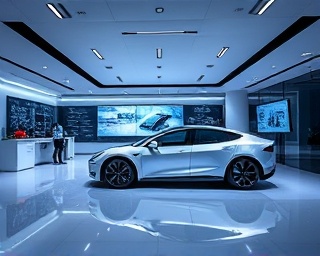 sleek Tesla design, innovative, showcasing fluid lines, photorealistic, interior of a high-tech showroom with ambient lighting, highly detailed, holographic displays and virtual interfaces, 12K resolution, cool blues and greys, ambient spotlighting, shot with a 50mm lens