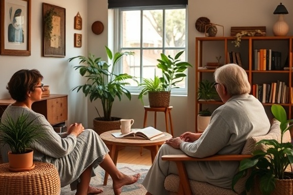programs therapy, compassionate, guiding a session, photorealistic, cozy therapy room with welcoming decor, highly detailed, calming elements like plants and books, 4k resolution, earthy colors, soft window lighting, shot with a Leica 50mm f/1.4 Summilux-M