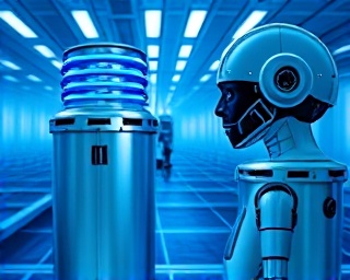innovative treatment, curious, exploring new possibilities, photorealistic, futuristic research facility with AI technology, highly detailed, holographic displays and robots, 8k clarity, metallic hues, cool blue lighting, shot with a Panasonic Lumix 25mm f/1.7