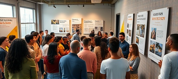 innovative programs, optimistic, engaging community, photorealistic, urban community center with diverse groups, highly detailed, posters of success stories, ultra-HD, bright colors, soft ambient lighting, shot with a Nikon 35mm f/1.8