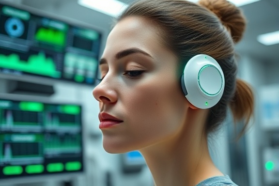 innovative therapy wearables, serene expression, gently detecting body movements, photorealistic, high-tech lab environment with screens displaying data, highly detailed, glowing indicator light on the device, sharp focus, white with green details, diffused fluorescent lighting, shot with a 35mm camera lens.