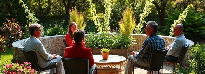 programs therapy, supportive, leading a group discussion, photorealistic, peaceful garden setting with round seating, highly detailed, natural elements like flowers and sunlight, 8k definition, vivid greens and blues, dappled sunlight, shot with a Canon RF 85mm f/1.2L