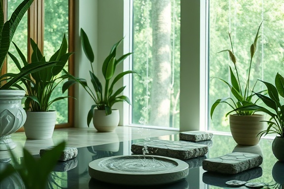 advanced quantum healing session, tranquil expression, generating a soft glow, photorealistic, nature-like therapy room with plants and water features, highly detailed, interacting energy fields, ultra-high resolution, green and white palette, soft daylight, shot with a 24mm lens.