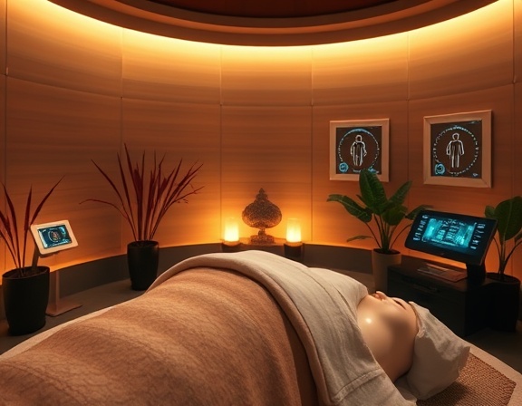 sleek electromagnetic therapy session, serene, enhancing healing, photorealistic, serene wellness center with natural elements, highly detailed, with digital interfaces displaying real-time health data, hyper-realistic, soothing earth tones, natural daylight, shot with a 50mm prime lens.