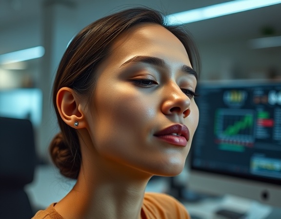 compact wearable technology for health, relaxed expression, detecting stress levels, photorealistic, minimalist office space with digital interfaces, highly detailed, subtle LED display activity, close-up, matte metallic finish, cool LED lighting, shot with a 24mm camera lens.