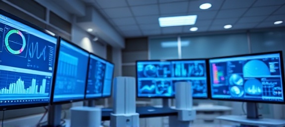 treatment methods, focused, analyzing results, photorealistic, high-tech laboratory with digital screens, highly detailed, data flowing across screens, HDR quality, neutral colors, overhead LED lighting, shot with a Fujifilm XF 23mm f/1.4 R