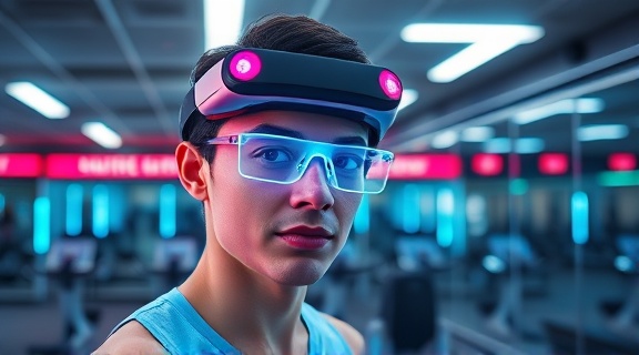 next-gen therapy wearables, confident expression, real-time feedback function, photorealistic, fitness center with modern equipment and mirrors, highly detailed, holographic display projections, dynamic, bright neon colors, overhead LED lighting, shot with a 50mm camera lens.