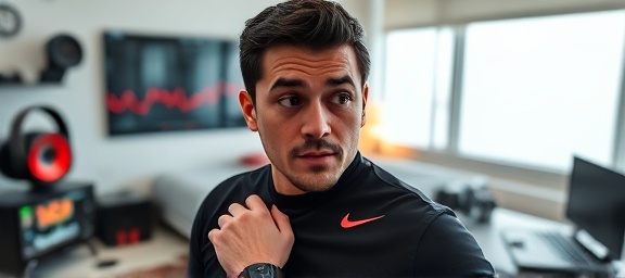advanced smart wearables, curious expression, tracking heart rate with precision, photorealistic, tech-savvy bedroom with gadgets around, highly detailed, dynamic graph on screen, detailed, sleek black with red accents, direct white lighting, shot with a wide-angle lens.