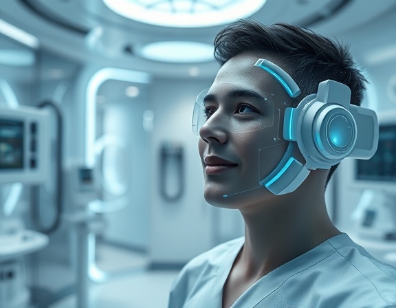 integrated quantum treatment system, hopeful expression, scanning patient, photorealistic, futuristic medical ward with transparent walls and floating panels, highly detailed, animated diagnostics, 3D rendering, calming blues and greys, soft spotlighting, shot with a 100mm macro lens.