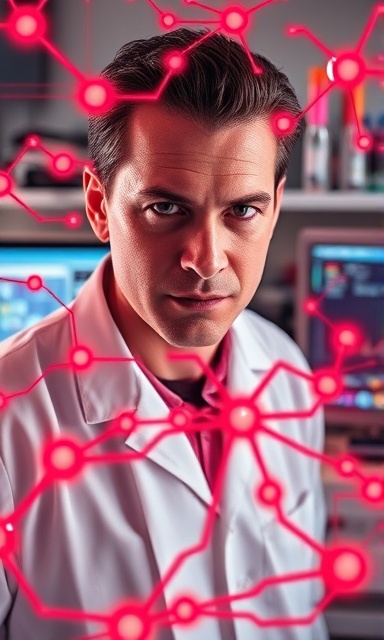 efficient neuromodulation treatment, determined expression, transmitting signals across synapses, photorealistic, lab-like environment with test tubes and computers, highly detailed, dynamic flow of data visualizations, high fidelity, vibrant with red and white tones, natural diffused lighting, shot with a telephoto lens.